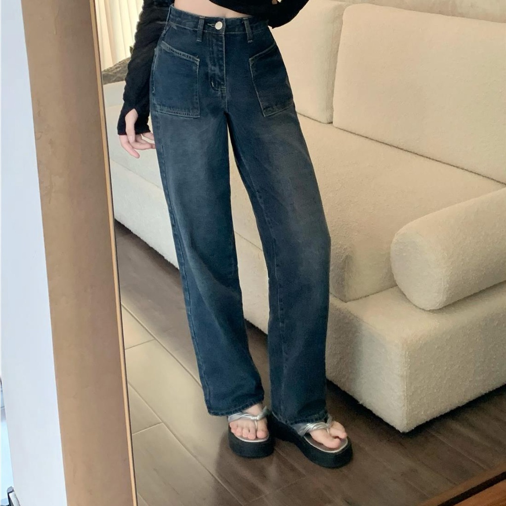 Quần Jeans Nữ Ống Rộng Lưng Cao Thời Trang Hàn Quốc