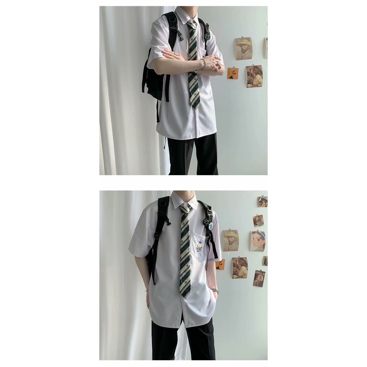 Áo Sơ Mi Đồng Phục Ngắn Tay Màu Trắng Họa Tiết Thêu Đơn Giản Cho Nam