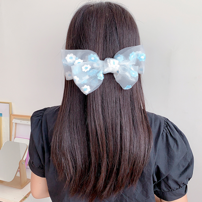 Bộ dây buộc tóc và kẹp tóc hình nơ thêu hoa xinh xắn phong cách Hàn Quốc (có bán lẻ dây cột tóc)
