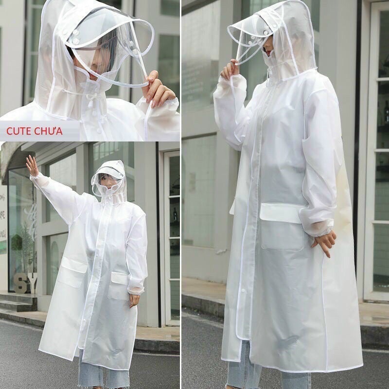 Áo Mưa Trong Suốt Dáng Dài Có Kính Che Mặt Chất Vải Chống Thấm