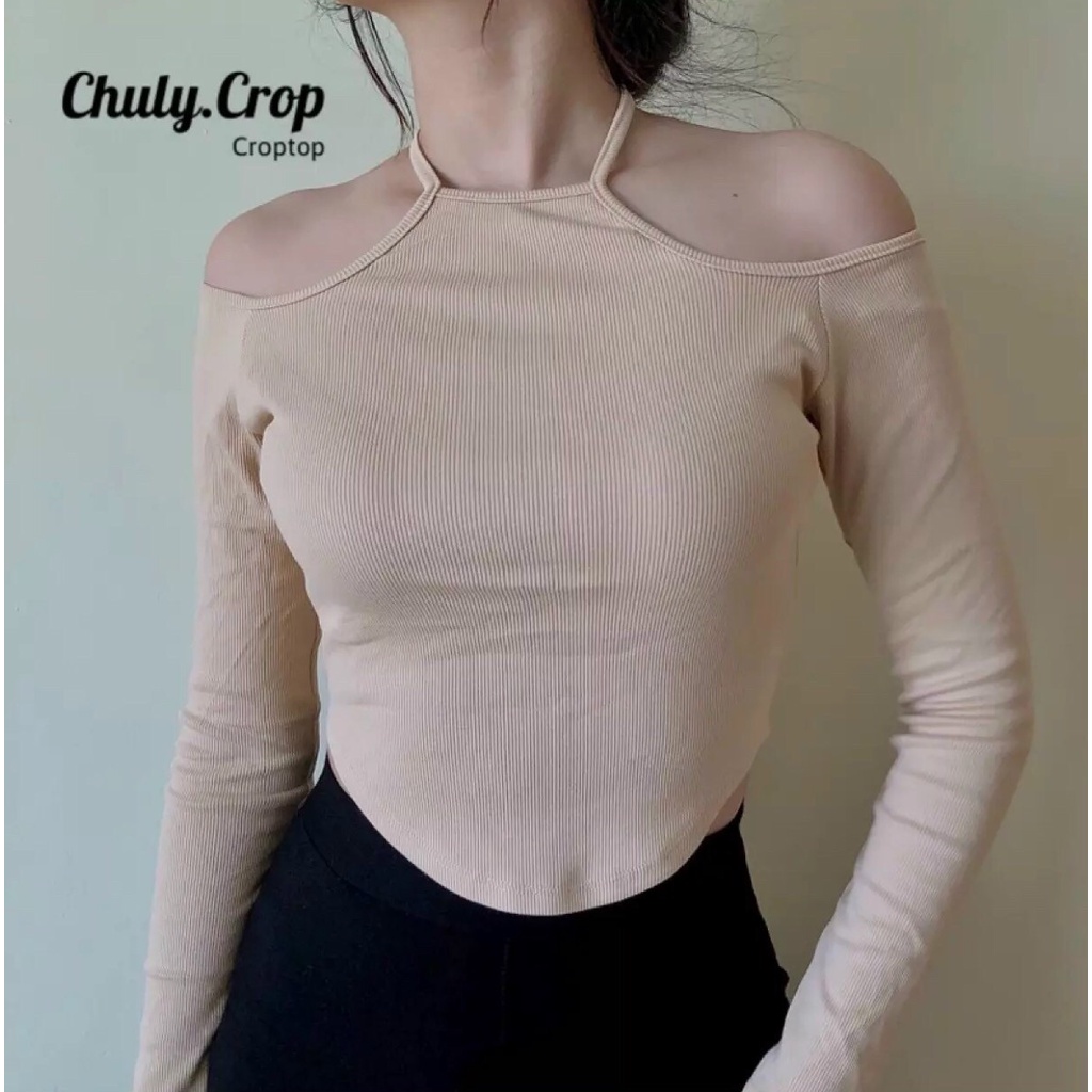 Áo thun nữ tay dài kiểu hở vai phối cổ yếm - Có 3 màu lựa chọn - Freesize