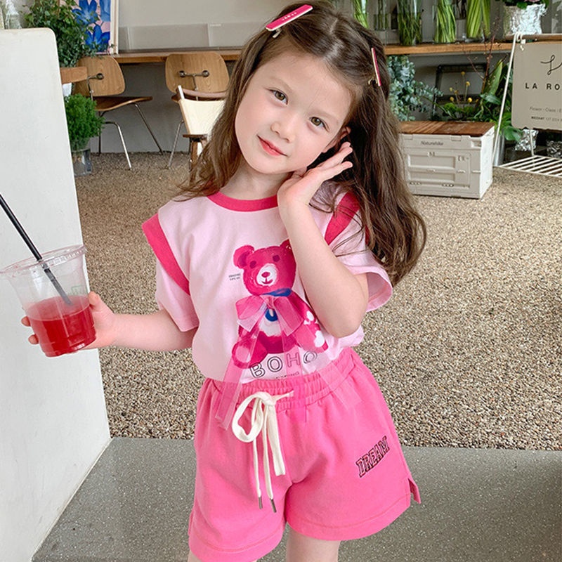 [Hàng Mới Về] Set Áo Thun Tay Ngắn Giả Hai Lớp Bằng Vải Cotton Thoải Mái Phong Cách Hàn Quốc Dành Cho Bé Gái