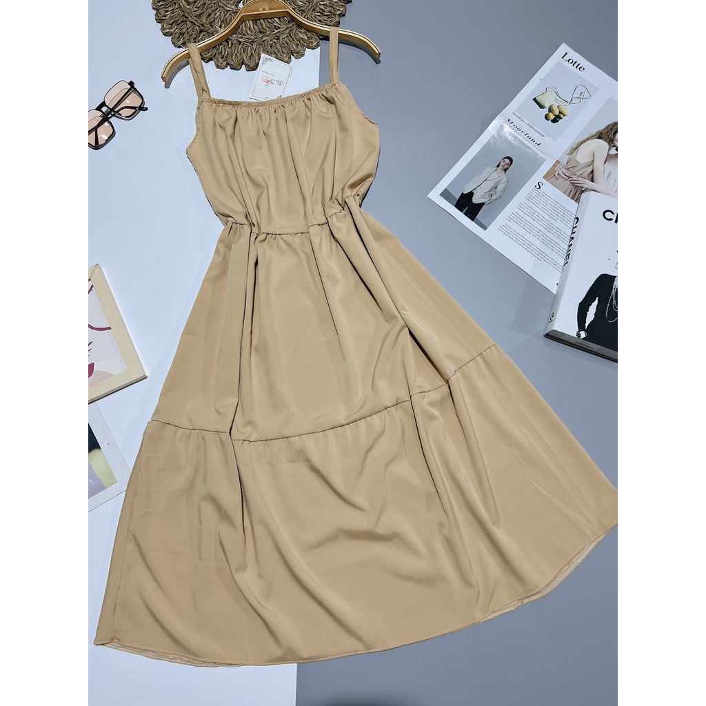 Váy maxi 2 dây 3 tầng đi biển - Đầm maxi babydoll 3 tầng dáng xuông vải đũi mềm mát rộng dài chuẩn mẫu