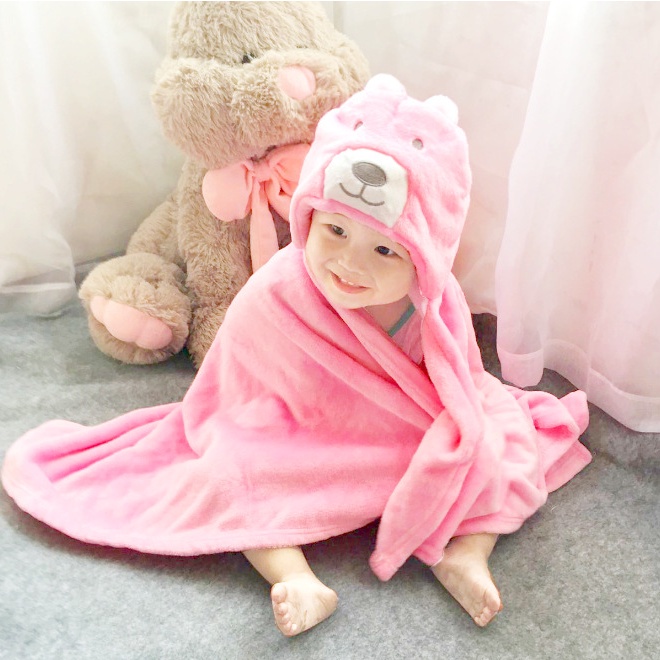 Khăn quấn ủ hình thú cho bé từ sơ sinh đến 20 tháng hình Gấu Hồng chất liệu mềm mịn an toàn cho bé