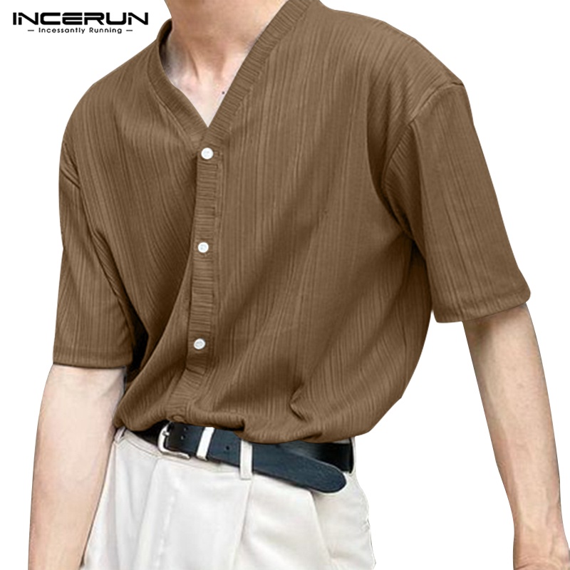 Áo thun dệt kim INCERUN ngắn tay cổ chữ V phối nút phong cách Hàn Quốc thời trang cho nam 3 màu sắc lựa chọn