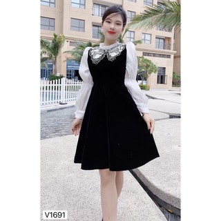 VÁY NHUNG ĐEN CỔ REN MẸ Và BÉ