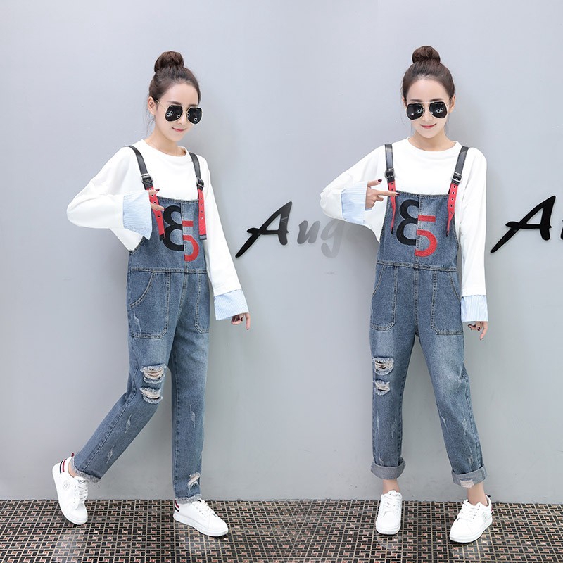 Quần yếm nữ vải jeans rách gối phong cách thời trang cá tính