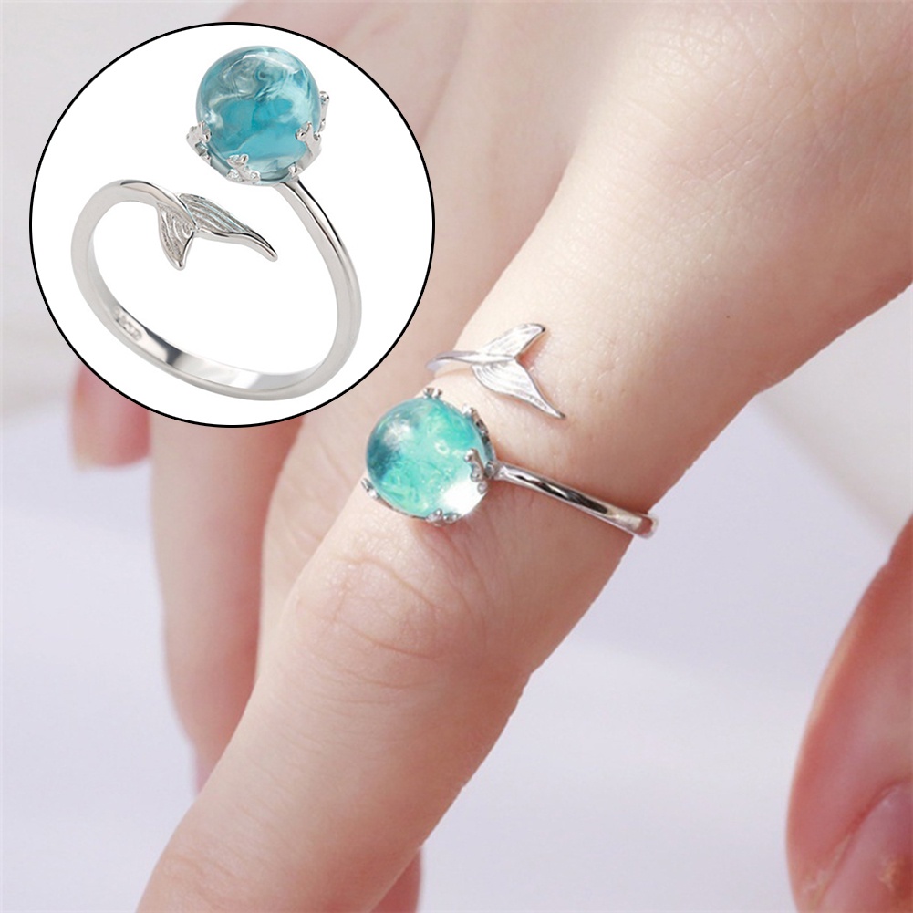 Nhẫn Hở Hình Đuôi Nàng Tiên Cá Đính Đá Xanh Có Thể Điều Chỉnh Kích Cỡ