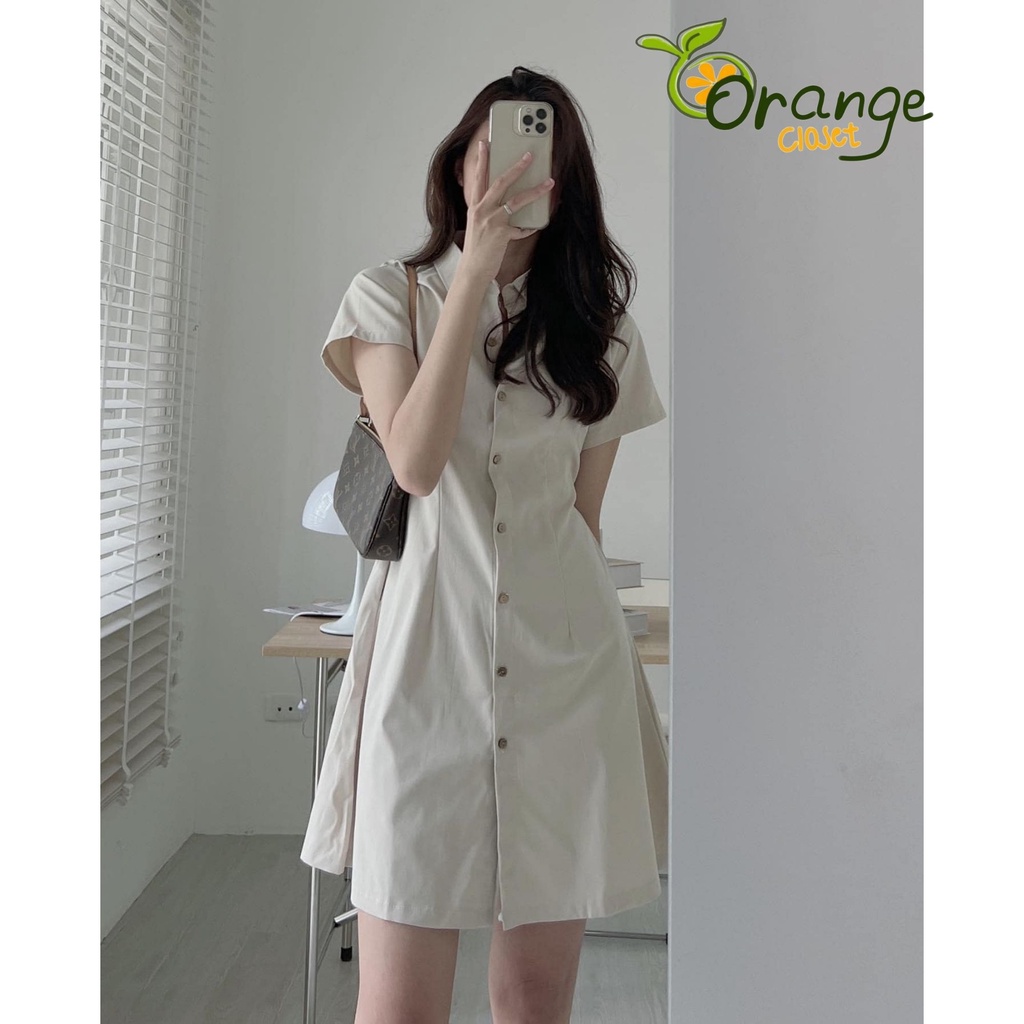 Đầm Sơ Mi Hàn Quốc Vải Thô Đũi Tay Ngắn Váy Cổ Polo Xếp Ly Eo ulzzang Orange Closet D23401