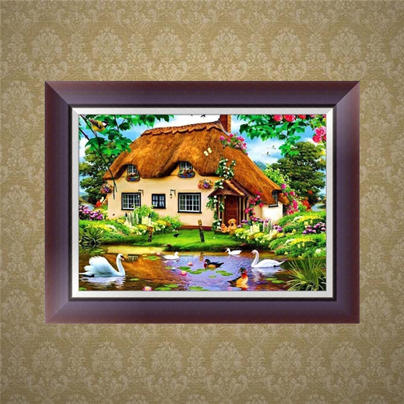 Tranh Thêu Chữ Thập Đính Đá Kim Cương 5D DIY Hình Vẽ Ngôi Nhà