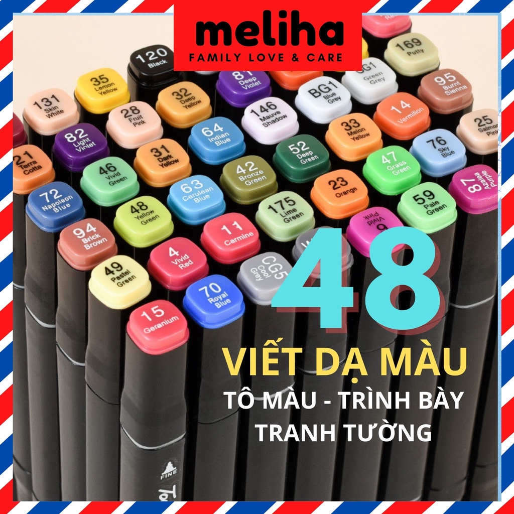 Túi bút dạ 48 màu, bút lông Mika màu tươi thắm ngẫu nhiên đủ các tông độ, Meliha tặng gói khăn giấy