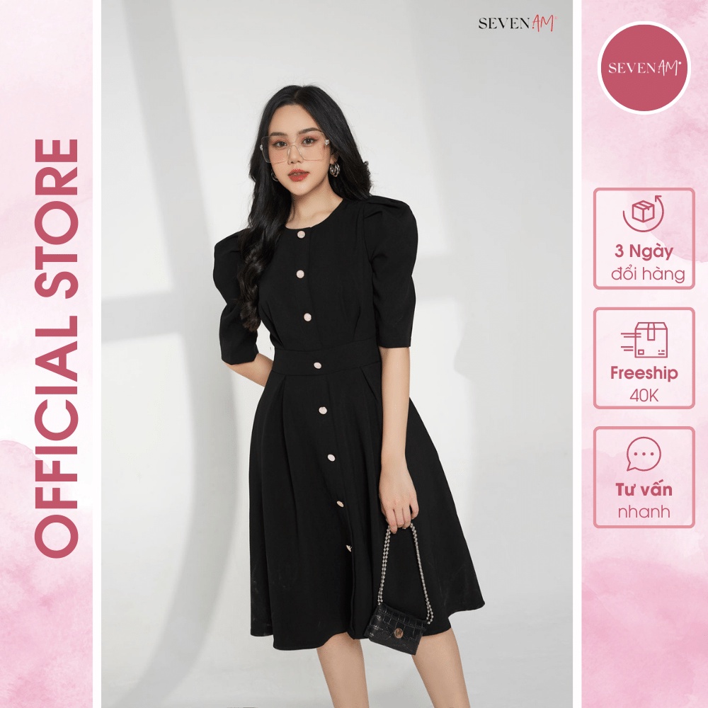 Đẫm Xòe Seven.am Tay Bồng Chất Thô Màu Đen Thiết Kế Phối Cúc Chiết Eo FH633082N