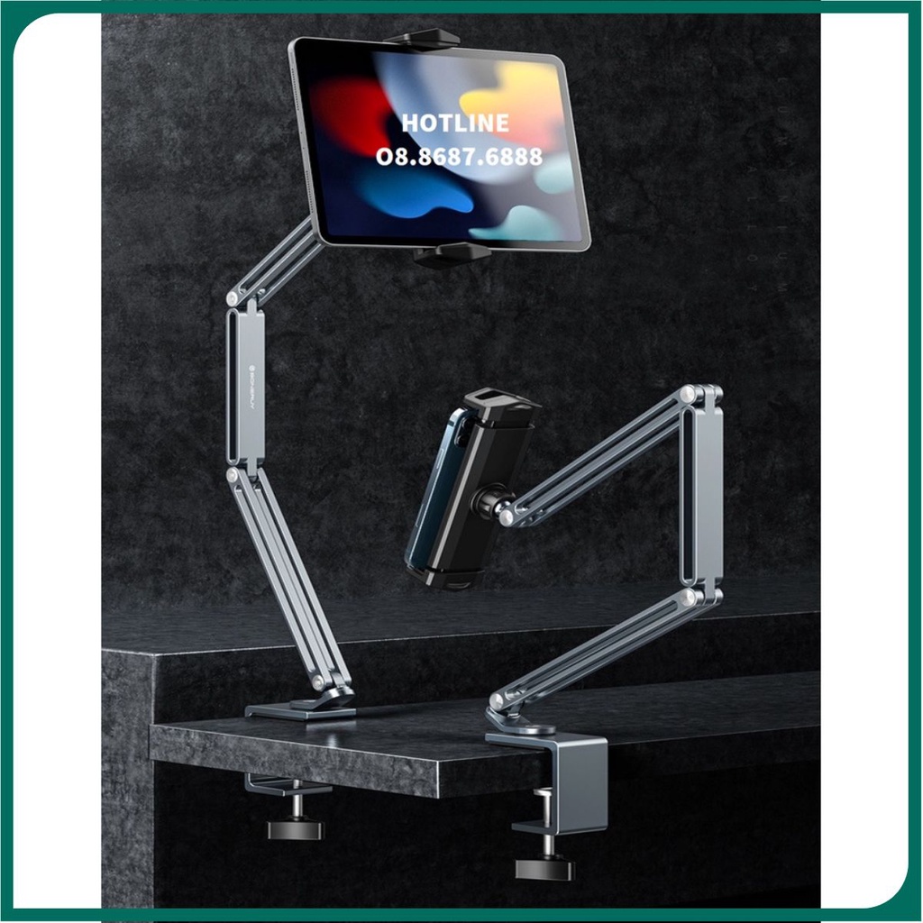Giá kẹp kiêm tay arm nâng hạ ipad, tablet cao cấp P60, P60 plus cao cấp, điều chỉnh độ cao xoay 360 độ