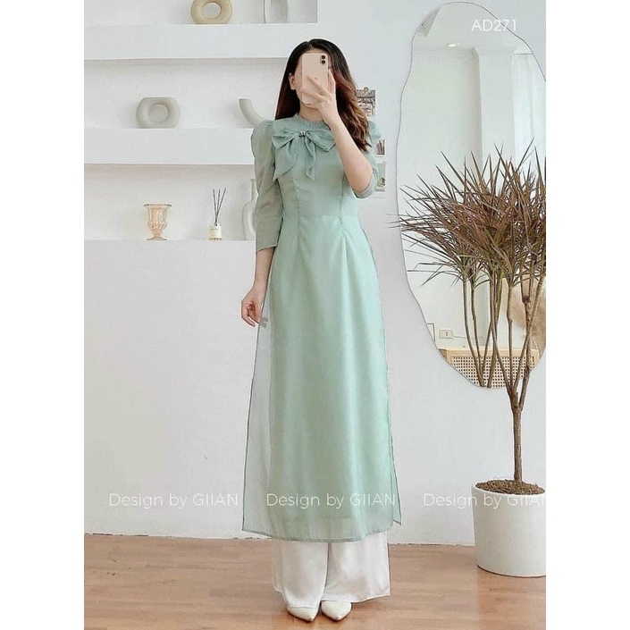 Áo Dài Voan Tơ Óng Tay Bống Đính Nơ-Áo Dài Cà Ri