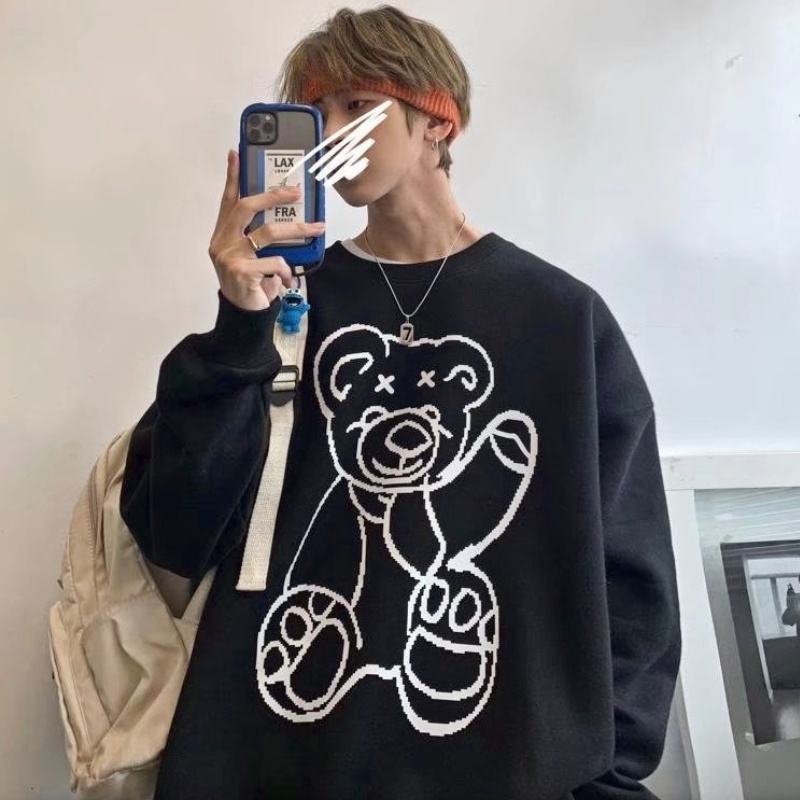 Áo sweater tay dài cổ tròn dáng rộng in họa tiết gấu hoạt hình phong cách Hàn Quốc đáng yêu dành cho các cặp đôi