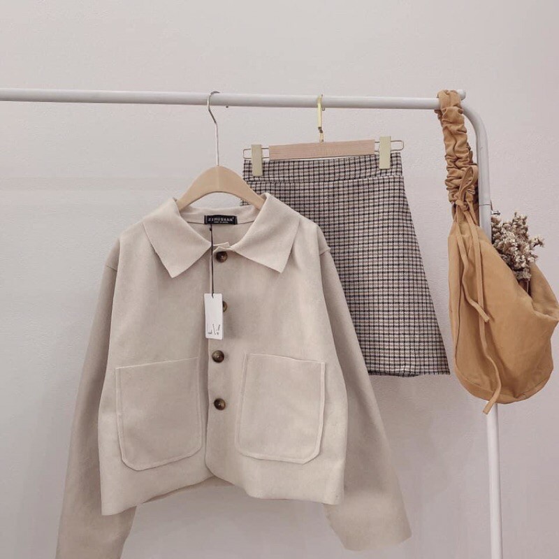 Set khoác dạ mũ mix chân váy kẻ caro “ hình thật đầu tiên””