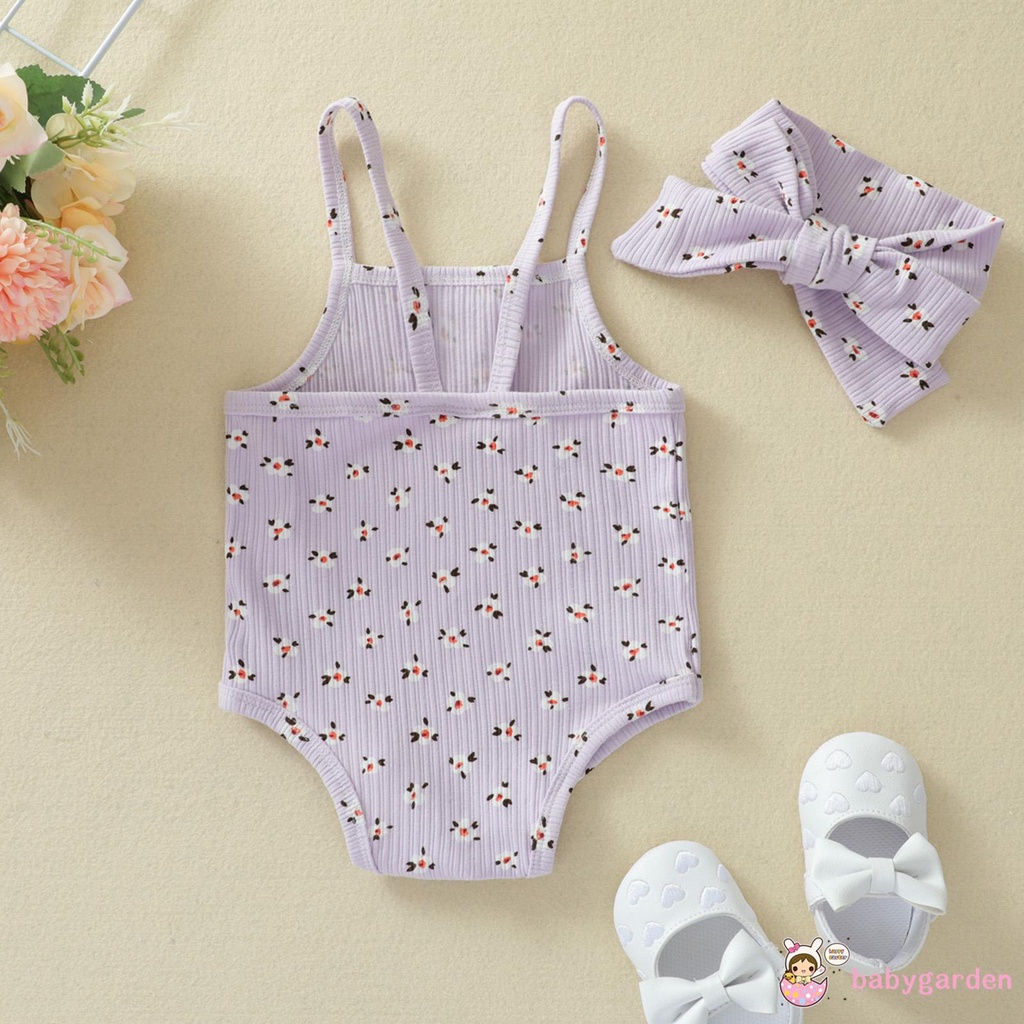 Áo Liền Quần Không Tay In Hoa Kèm Băng Đô Cho Bé Gái