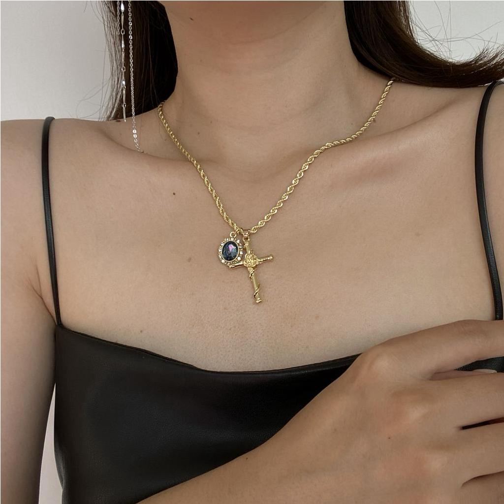 Dây chuyền mặt hình thánh giá đính đá opal màu xanh dương thời trang cho nữ 22814