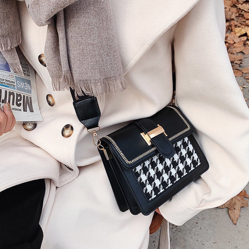 Túi đeo chéo IELGY hình vuông nhỏ họa tiết kẻ ô dây đeo bản rộng chất lượng cao phong cách Hàn Quốc cổ điển