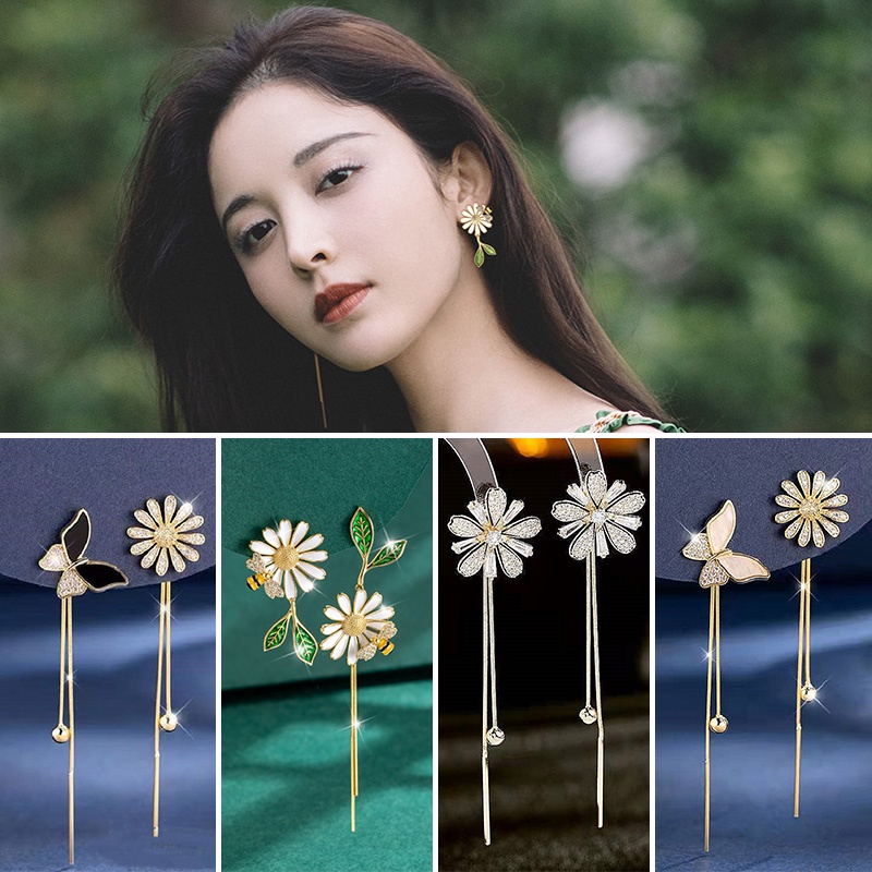 Khuyên tai RINHOO FRIENDSHIP hình hoa cúc/ cánh bướm đính đá phối tua rua dáng dài thời trang dự tiệc cho nữ