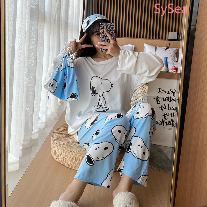 Bộ đồ ngủ tay dài dáng rộng in họa tiết hoạt hình phong cách Hàn Quốc đáng yêu cho nữ