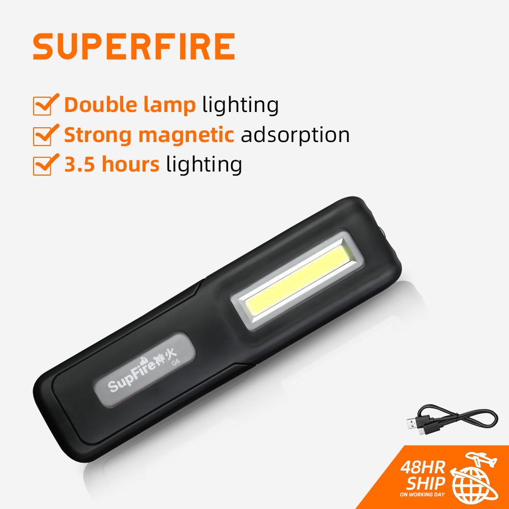Đèn pin led SUPERFIRE G6 với dải đèn COB mạnh mẽ sạc lại qua USB đa năng hỗ trợ sửa chữa xe hơi / cắm trại / đi đêm