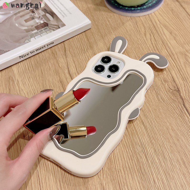 Ốp Điện Thoại Silicone Mềm Mặt Gương Trang Điểm Hình Tai Thỏ Cho iPhone 14 Plus 14 Pro XS Max XR X 7 8 Plus