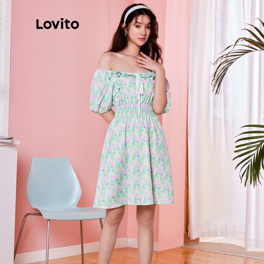 Váy (Lovito Exclusive) DOPAMINE GIRLS Floral Lace Up Xuffle Puff Sleeve Bình thường L28AE004 (Nhiều màu)