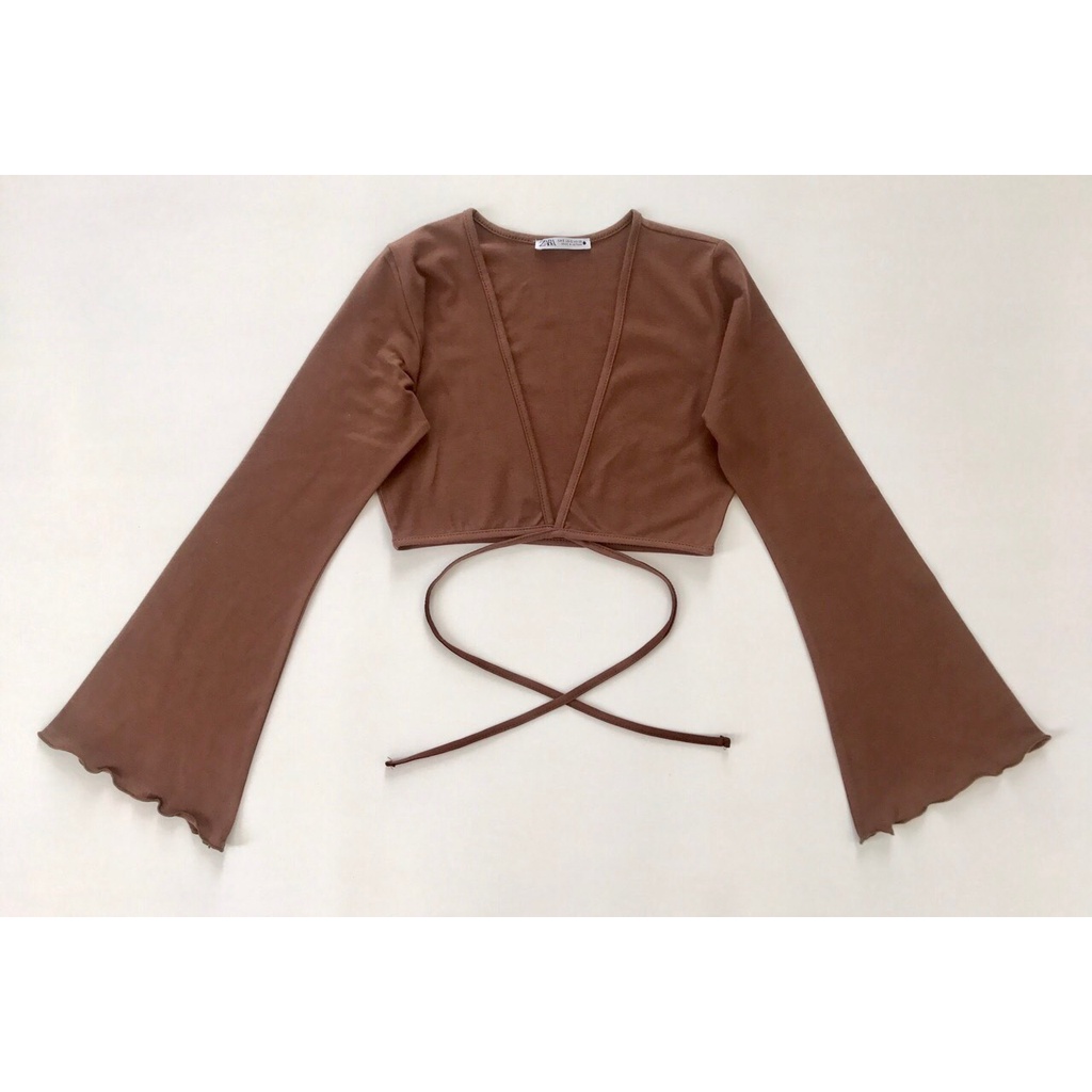 Áo Croptop Tay Dài Xẻ Ngực Cột Chéo Eo - 3459