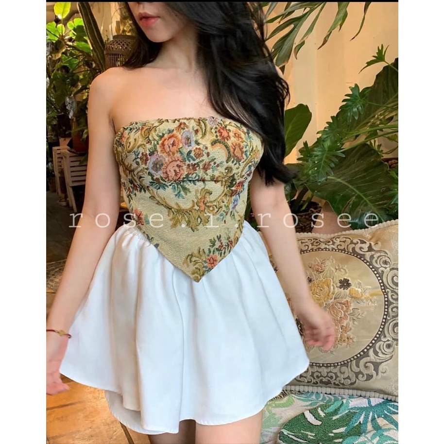 SET ÁO ỐNG YẾM GẤM HOA HỞ VAI SEXY ÔM BODY TÔN DÁNG CROPTOP+QUẦN SHORT GIẢ VÁY TRẮNG XOÈ TẦNG LƯNG THUN CAO ULZZANG
