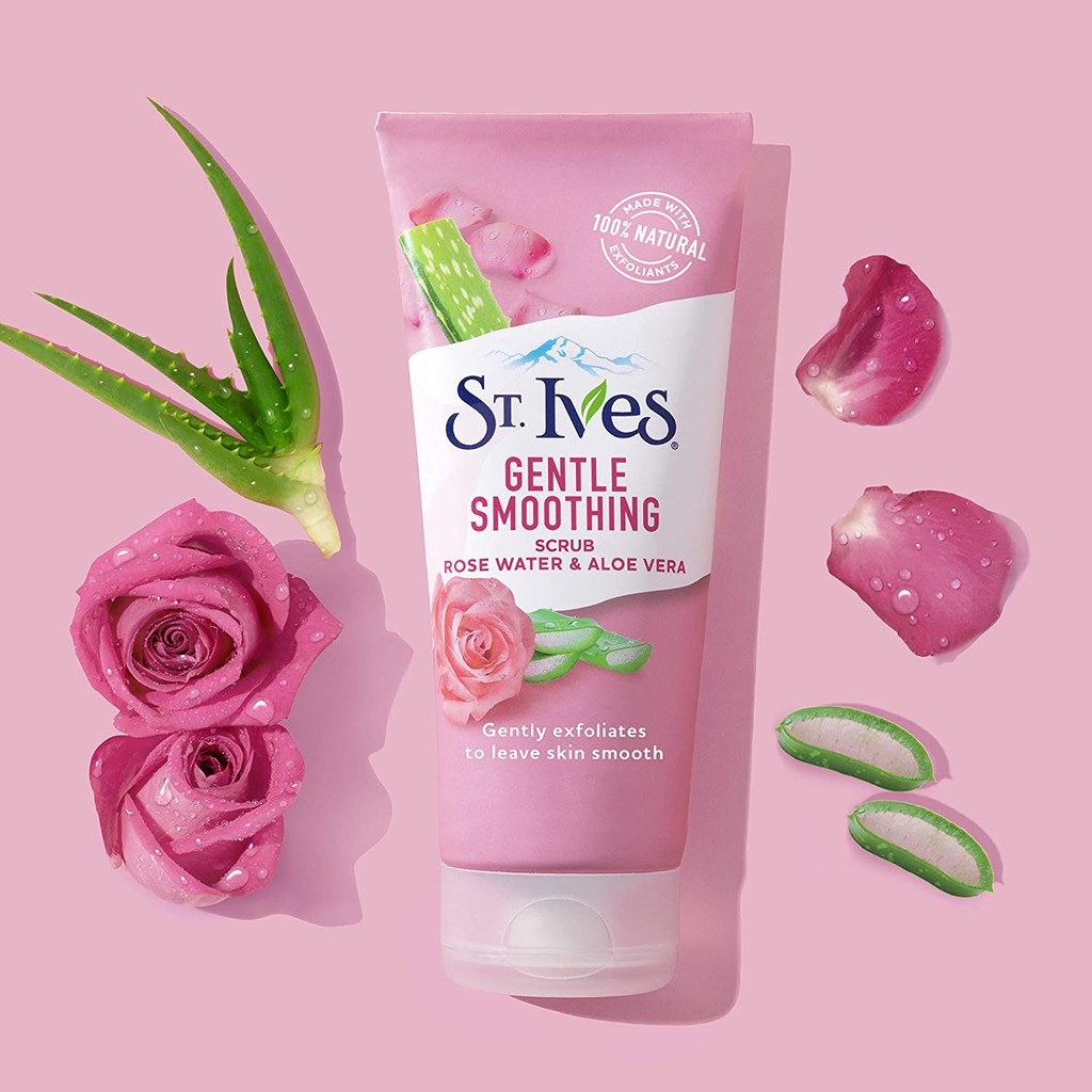 Sữa Rửa Mặt Tẩy Da Chết StIves Gentle Smoothing Rose Water, Aloe Vera Scrub hoa hồng và lô hội 170gr