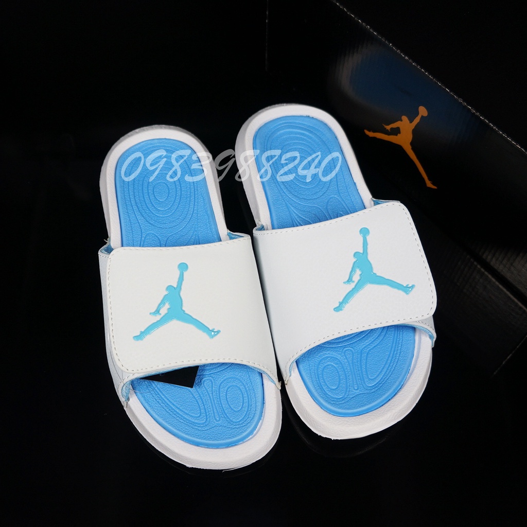 Dép JD Jordan bóng rổ FREE SHIP + hộp hãng + jordan đủ tem tag loại 1 trắng xanh quai ngang xé dán nam nữ. BH Slippers