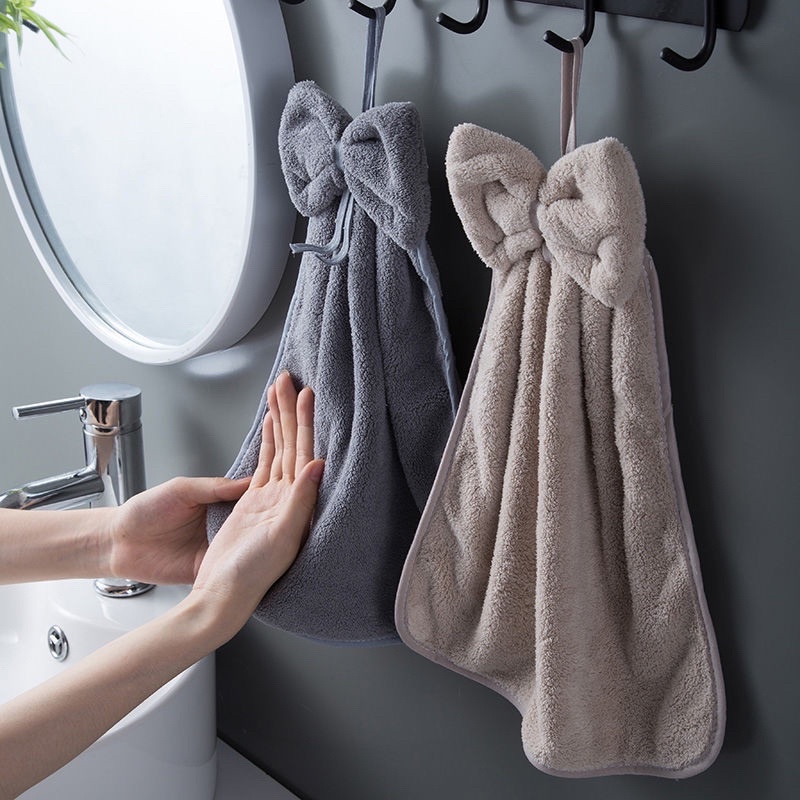 Khăn lau tay hình nơ dễ thương treo tường nhà bếp nhà tắm bằng vải nhung mềm mại thấm hút tốt phong cách Hàn Quốc