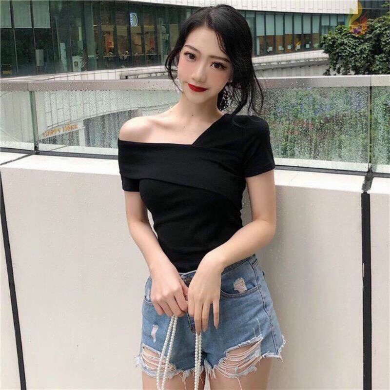 Áo croptop lệch vai 1 bên tay ngắn thun gân(A15)🦋🦋