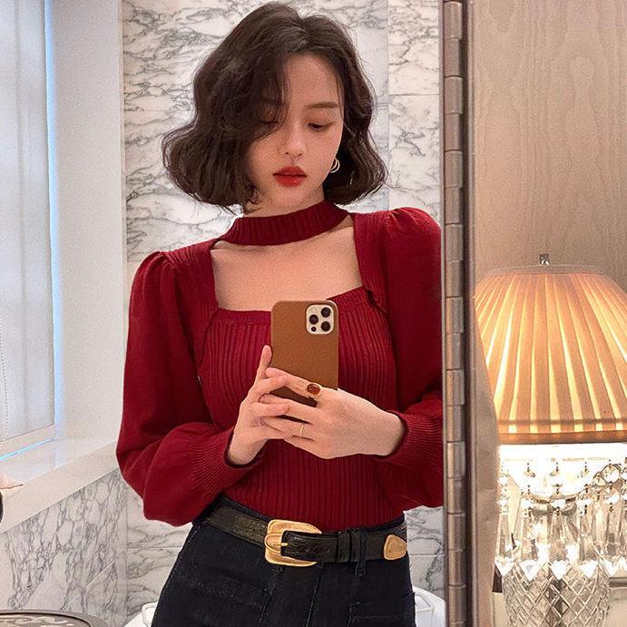 Áo Sweater Cổ Vuông Hở Lưng Màu Đỏ Phong Cách Nước Ngoài Thời Trang Thu Đông