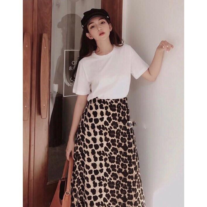 Set Vintage Áo Thun Trắng Mix Chân Váy Beo Midi (Kèm Hình Thật) - SE320