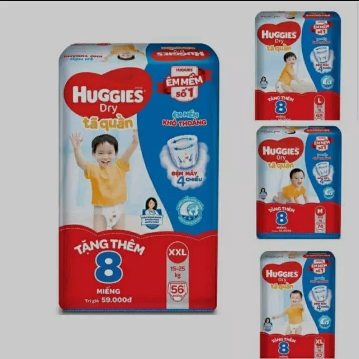 Bỉm Huggies quần size M74/L68/XL62/XXL56  tặng 8 miếng cùng loại