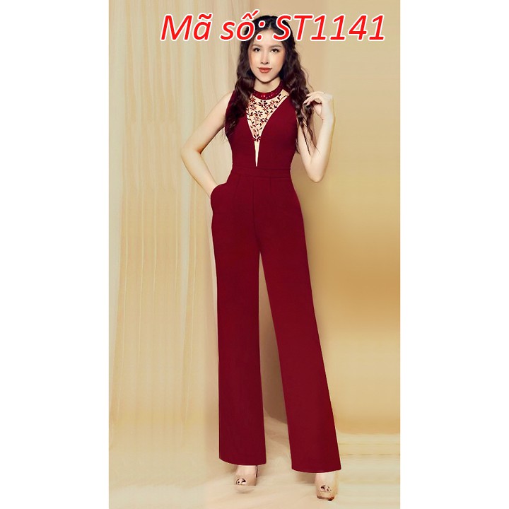 ➡️#ST1141 Jumpsuit đồ bay dài ống suông cổ yếm phối lưới đính hột xinh xắn