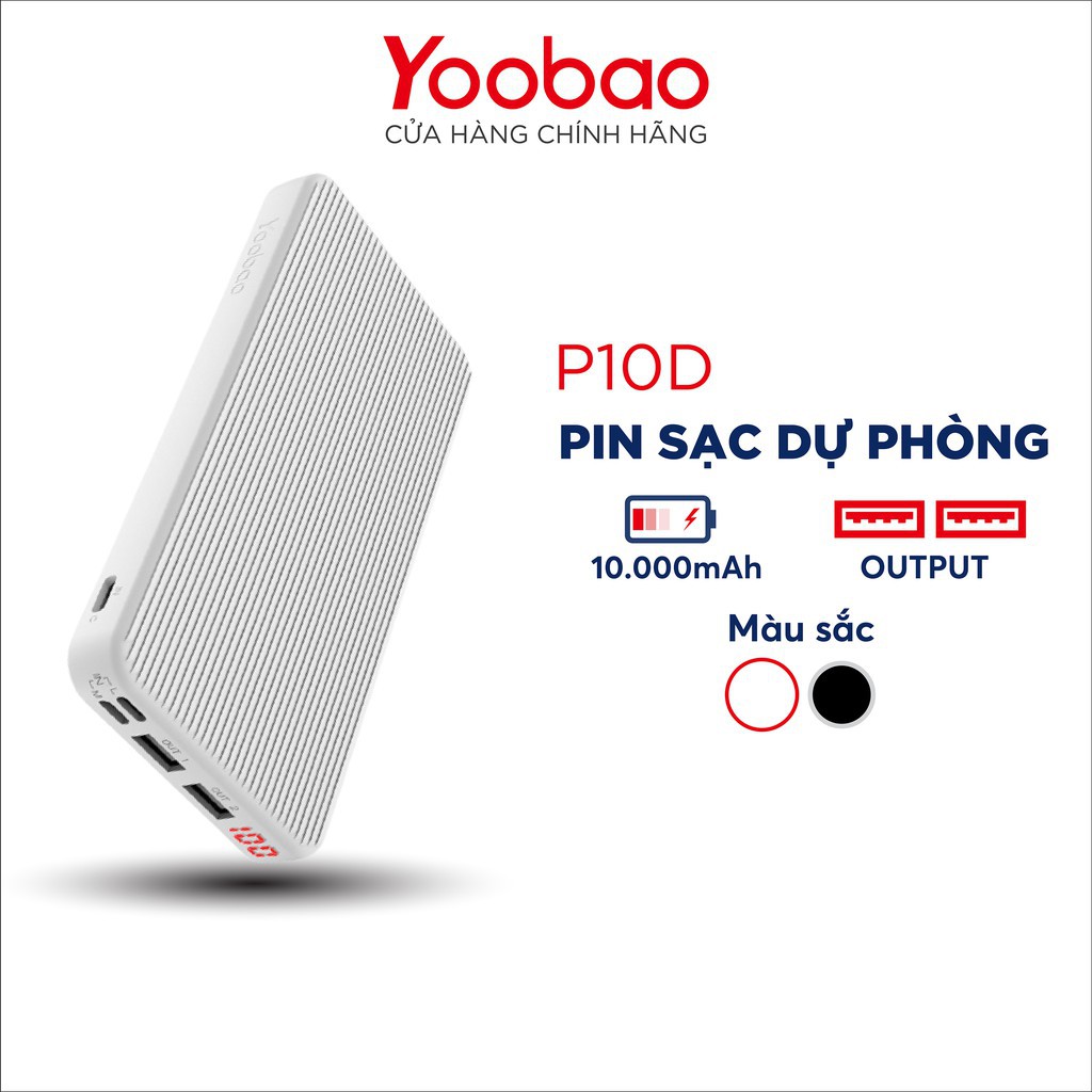 Pin Sạc dự phòng YOOBAO P10D 10000mAh Slim, 3 đầu vào/ 2 đầu ra/ LED - Hàng chính hãng