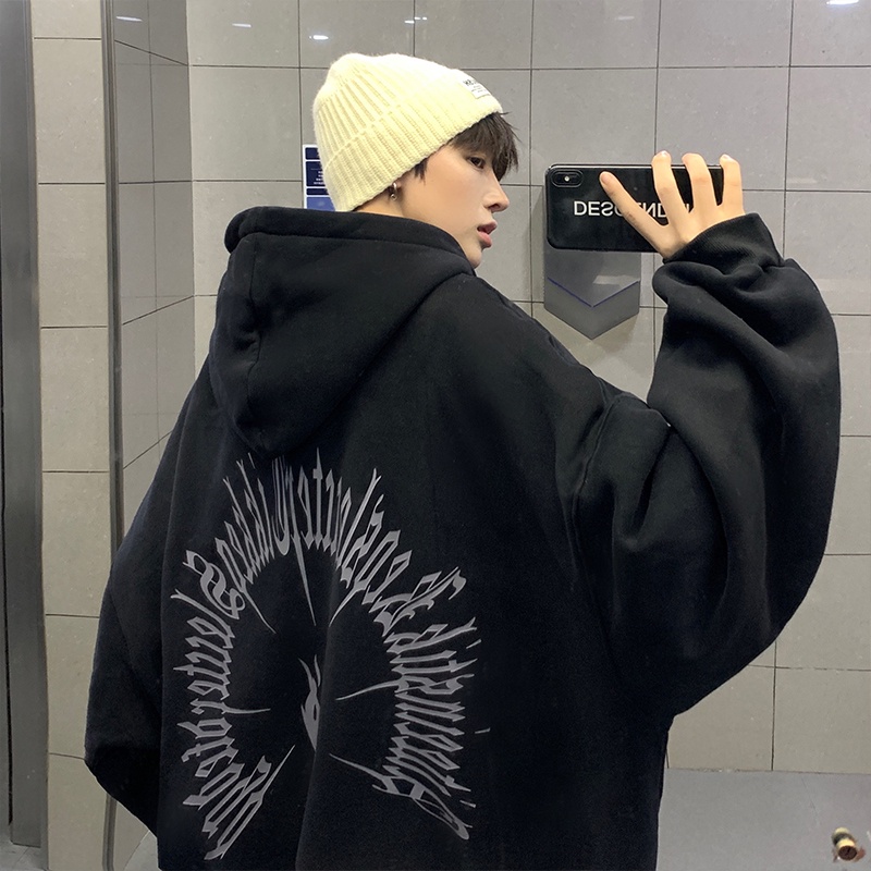 【M-3XL】 Áo Hoodie dáng rộng dày dặn ấm áp in chữ đơn giản thời trang phong cách Hip hop đường phố cho nam