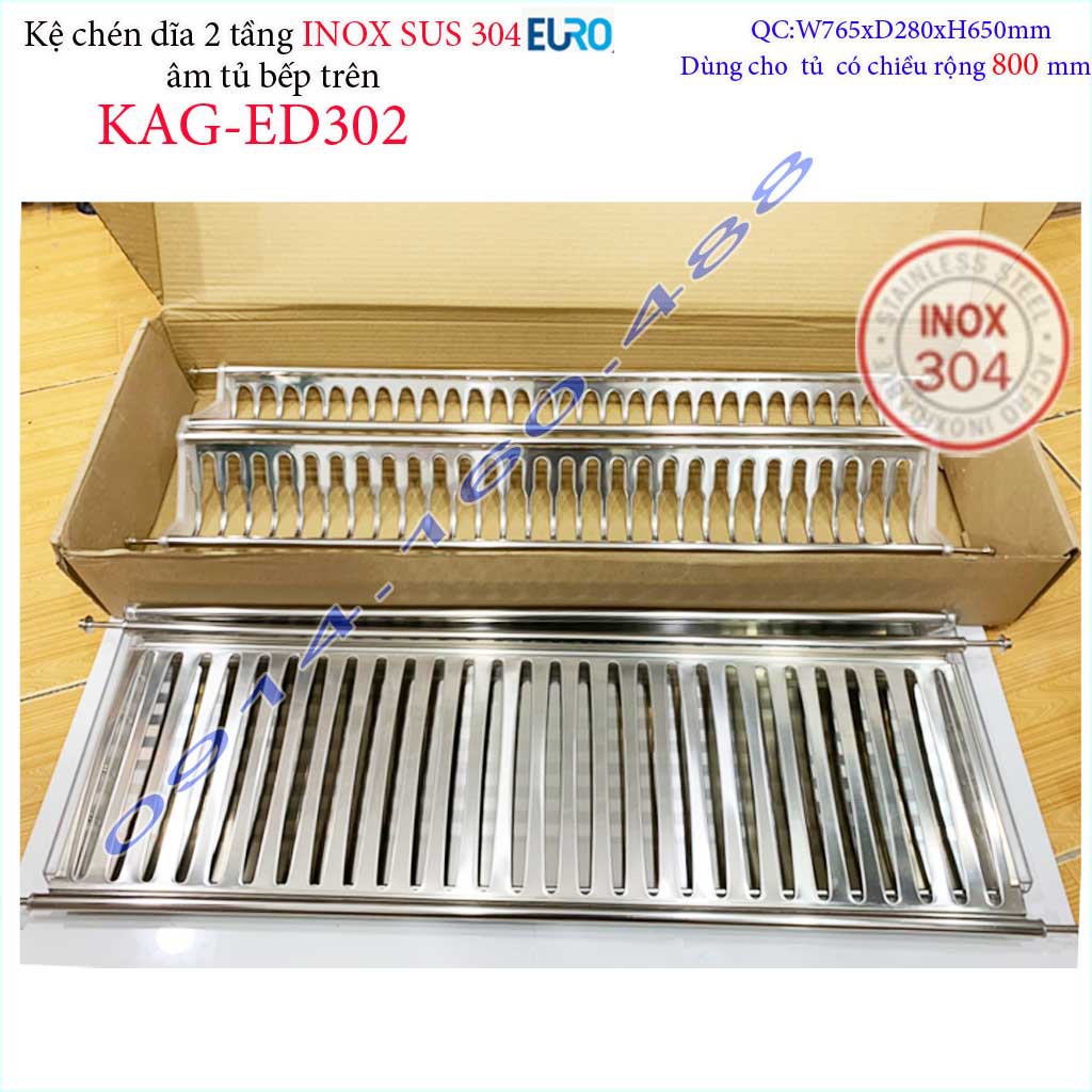 Kệ  đựng chén dĩa âm tủ  Inox 304 KAG-ED302-80cm, Kệ chén bát 2 tầng chữ V EURO