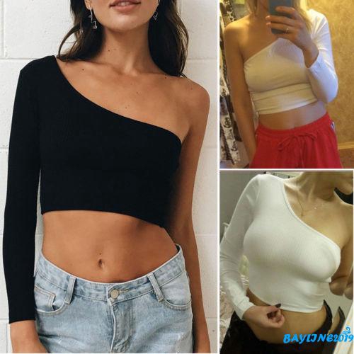 Áo croptop lệch một bên vai tay dài thời trang và gợi cảm cho nữ