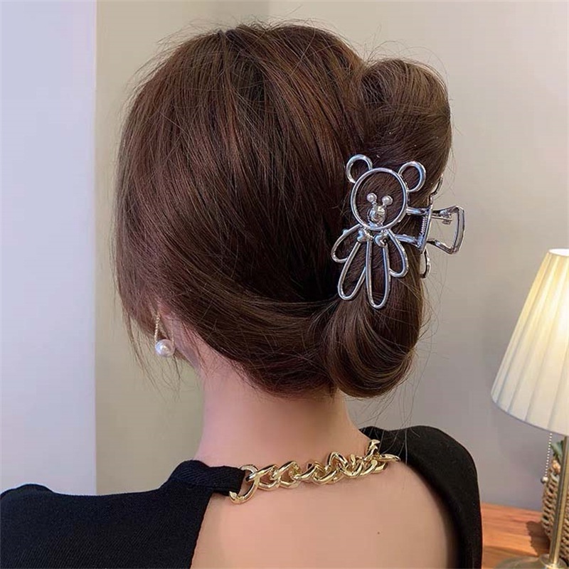 Kẹp tóc kim loại hình gấu đính ngọc trai sang trọng phong cách Hàn Quốc cho nữ