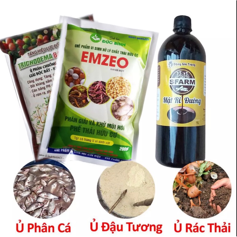 Combo Chế phẩm ủ phân hữu cơ từ rác thải nhà bếp cho rau sạch, cây, hoa siêu tốt_ vi sinh Em + rỉ mật + Trichoderma