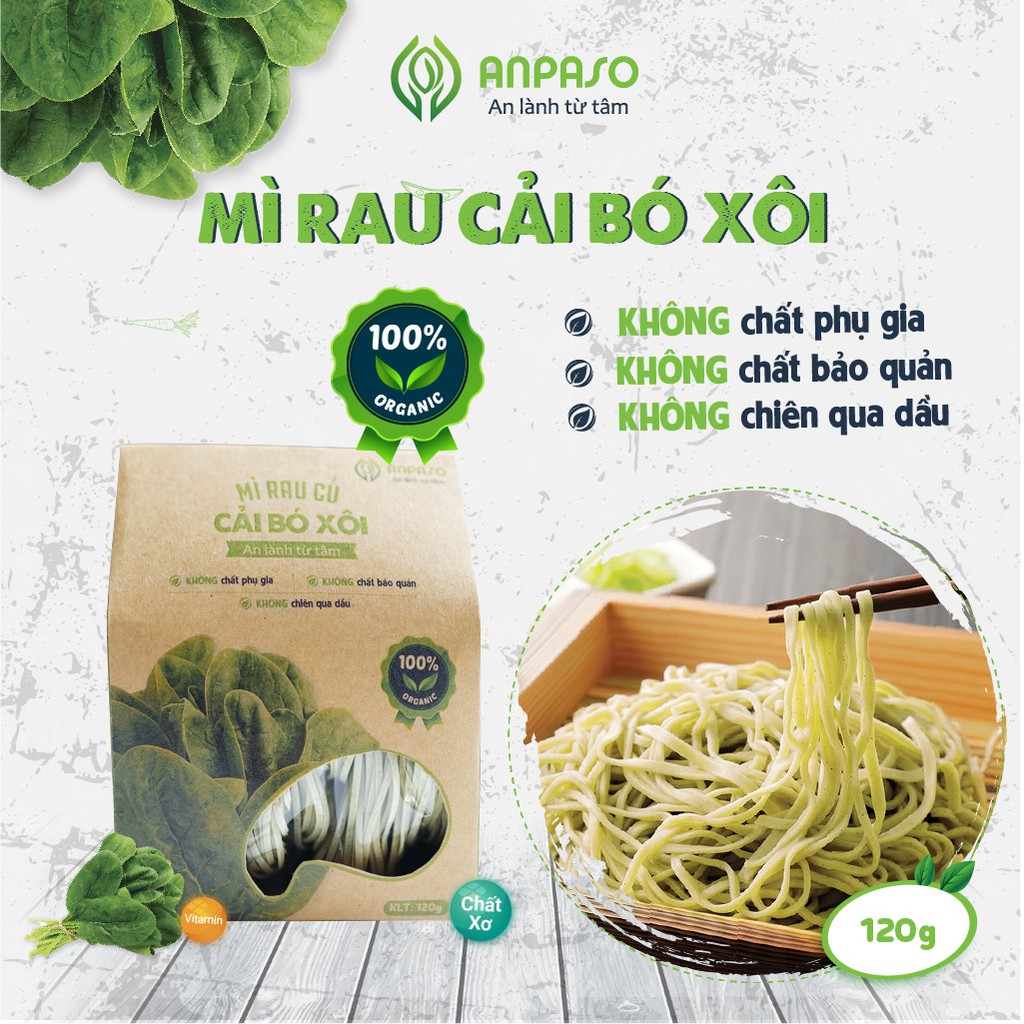 Mì Rau Eat Clean Cải Bó Xôi Hữu Cơ Organic Anpaso, Giảm Cân, ăn chay, ăn kiêng, không chiên nóng, tốt cho tiêu hóa 120g
