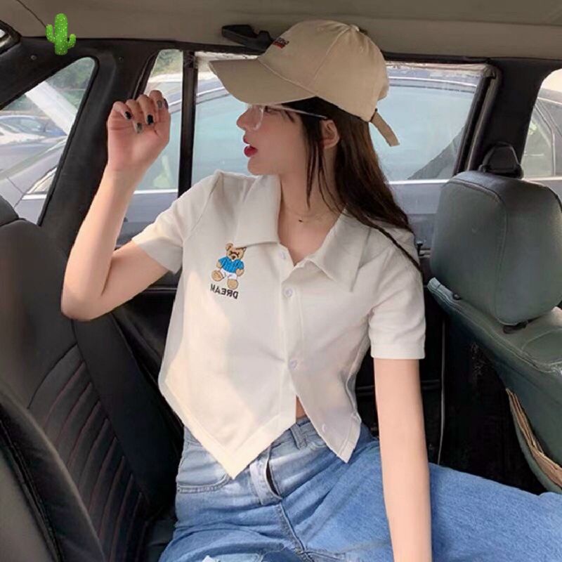 Áo croptop polo nữ cài cúc xéo thun gấu thun borip chính phẩm