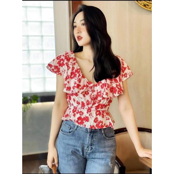 Pass Áo zara hoa đỏ trắng size XS vải kate mới giặt chưa mặc