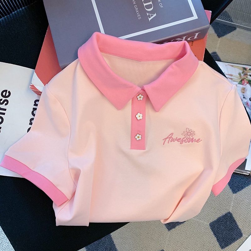 Áo thun ngắn tay cổ polo màu hồng dành cho nữ Thiết kế mùa hè Niche Sweet Short Top
