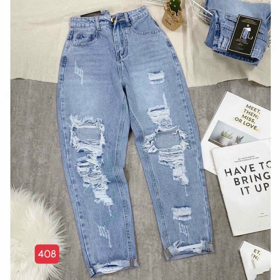 Quần baggy jeans nữ không co giãn muradfashion màu xanh rách cá tính BG448