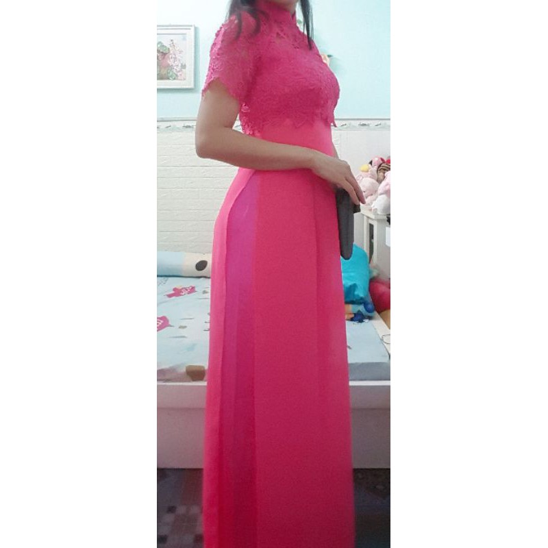 Thanh lý bộ áo dài voan ren hồng eo dưới 70cm
